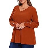 MONNURO Womens Plus Size Tops V Neck Long Sleeve Button Lightweight Tunic Sweaters Shirts Loose Fit