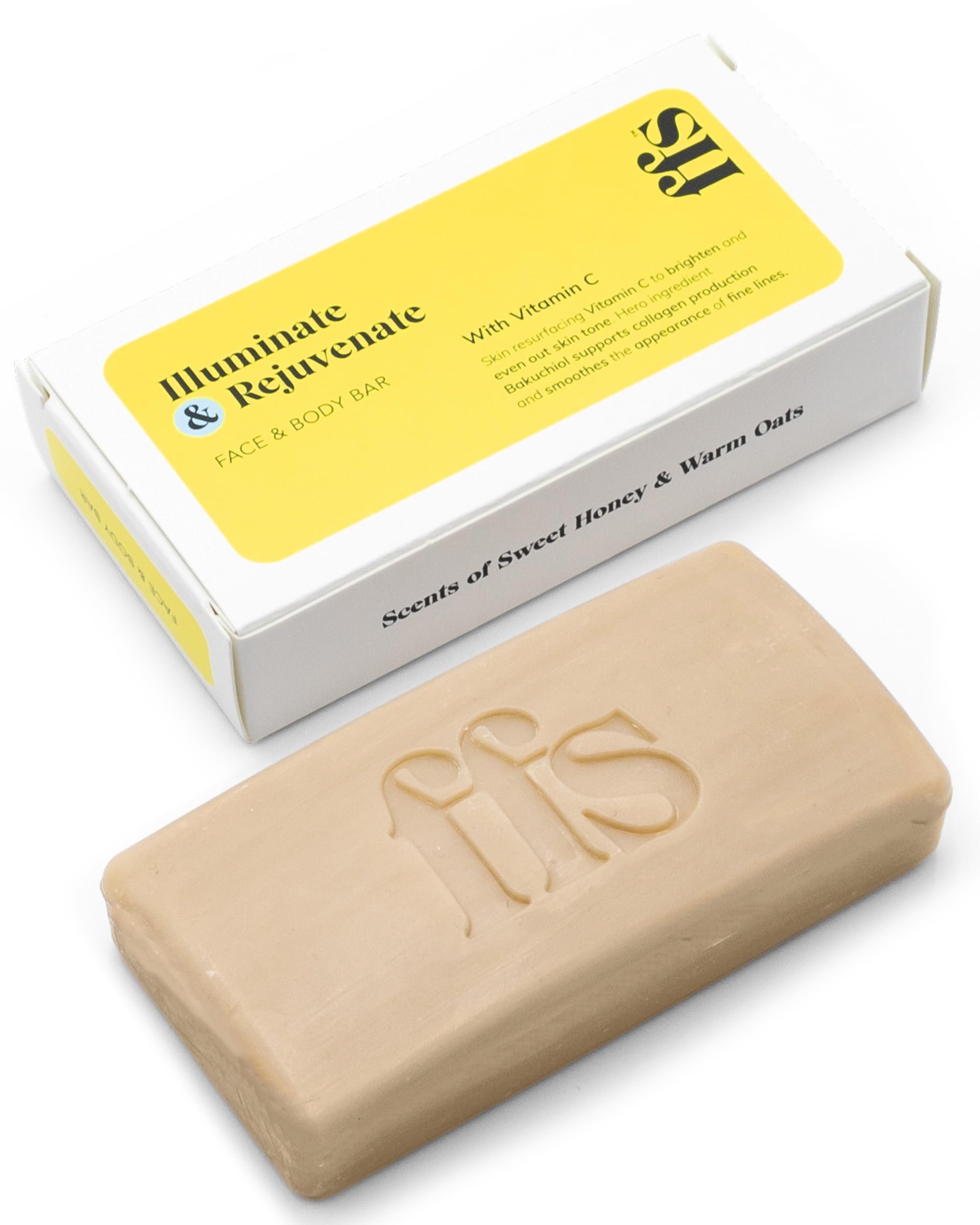 Illuminate & Rejuvenate Face & Body Soap Bar - Cruelty-Free, Vegan & Natural Soap Bar w/Vitamin C & Bakuchiol Oil for Dull Skin - FFS Beauty Bar with Sweet Honey & Oat Scent