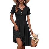 WNEEDU 2026 Summer Dress for Women V Neck Button Down Elastic Waist Sundress Casual Short Sleeve Midi Dresses with Pockets