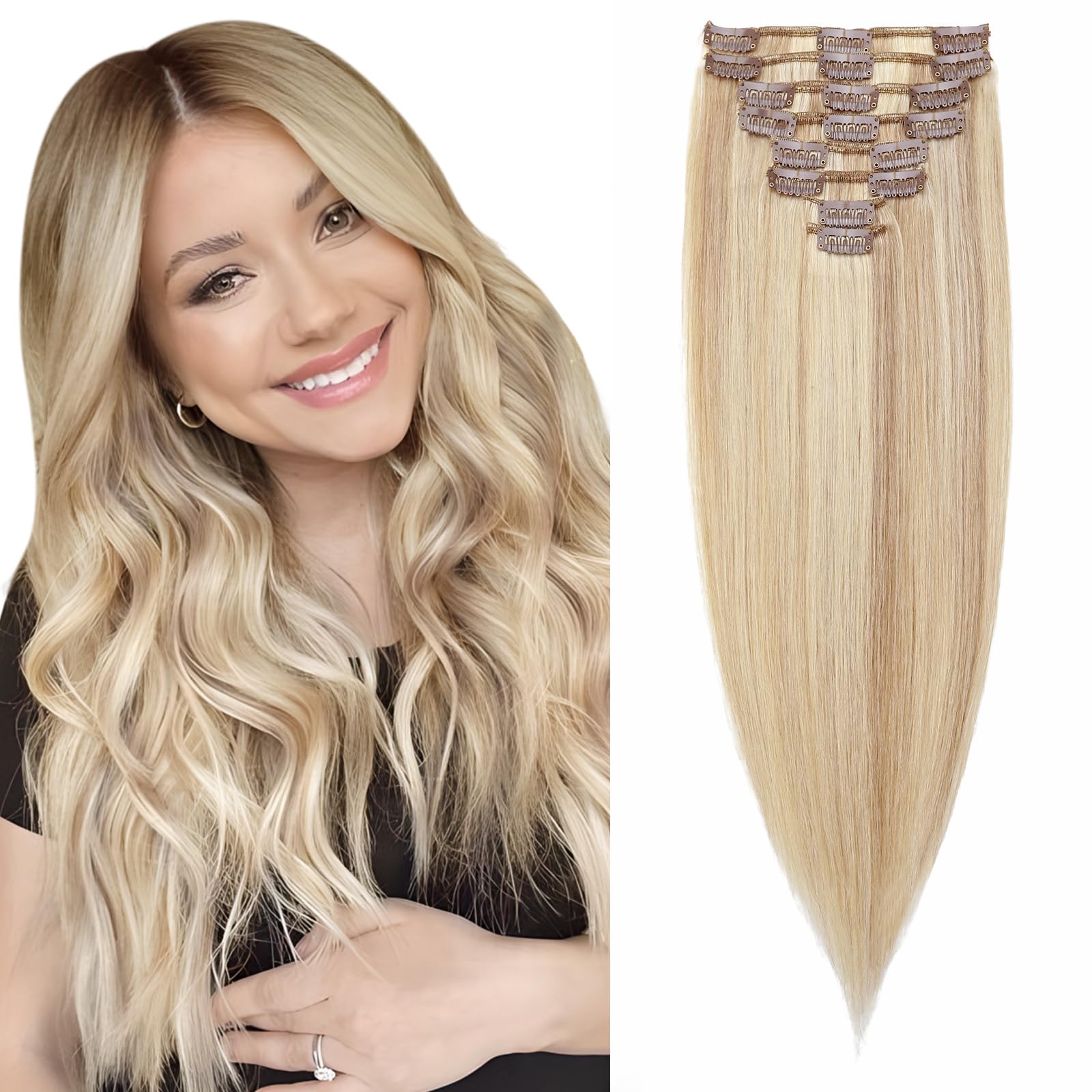 Elailite DOUBLE DRAWN Human Hair Extensions Clip in Real Natural Hair - 8 Pieces Thin Weft Full Head Remy Hair Straight - #18/613 Ash Blonde Mix Bleach Blonde - 20 Inch (80 g)