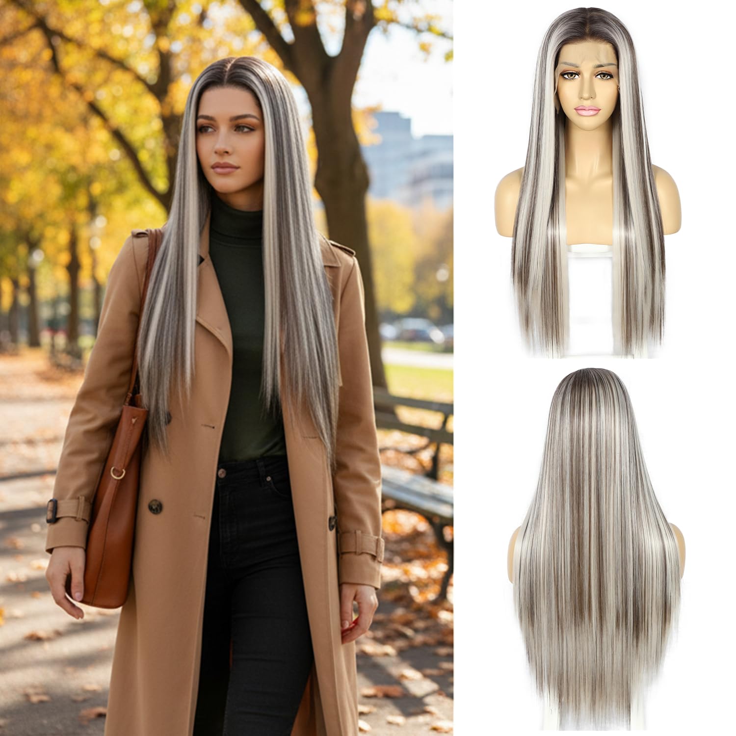 Sapphirewigs Highlight 13x6 Straight Lace Front Wigs Ash White Long Straight Wig for Women Lace Front Synthetic Hair 150% Density Party Daily Wear Heat Resistant 26inch — image 1