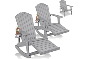 ZHUSI Adirondack Rocking Chair Outdoor with Retractable Ottoman and Cup Holder, Adirondack Chairs with Footrest, Wood-Like Porch Rocker for Patio,Backyard,Garden (Grey, 2 PCS)