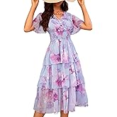 VIDUSSA Womens Floral V Neck Ruffle Tiered Layered Chiffon Flowy Swing Long Midi Dress Short Sleeve Smocked Dresses