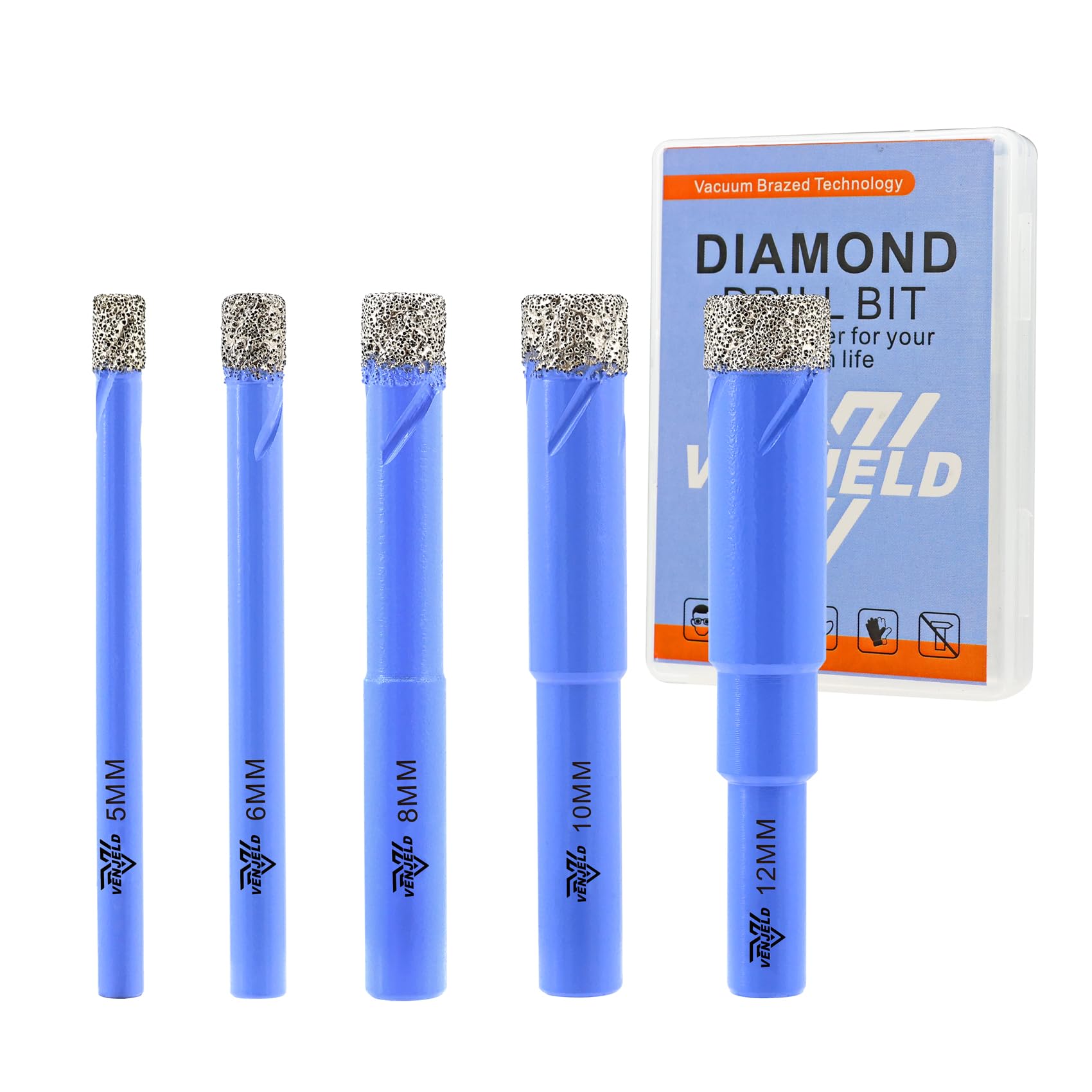 Dry Diamond Drill Bits Set - 5/6/8/10/12mm 5Pcs Tile Hole Saw Kit for Ceramic Porcelain Tile Marble Granite - Round Shank with Storage Case VENJELD — image 1