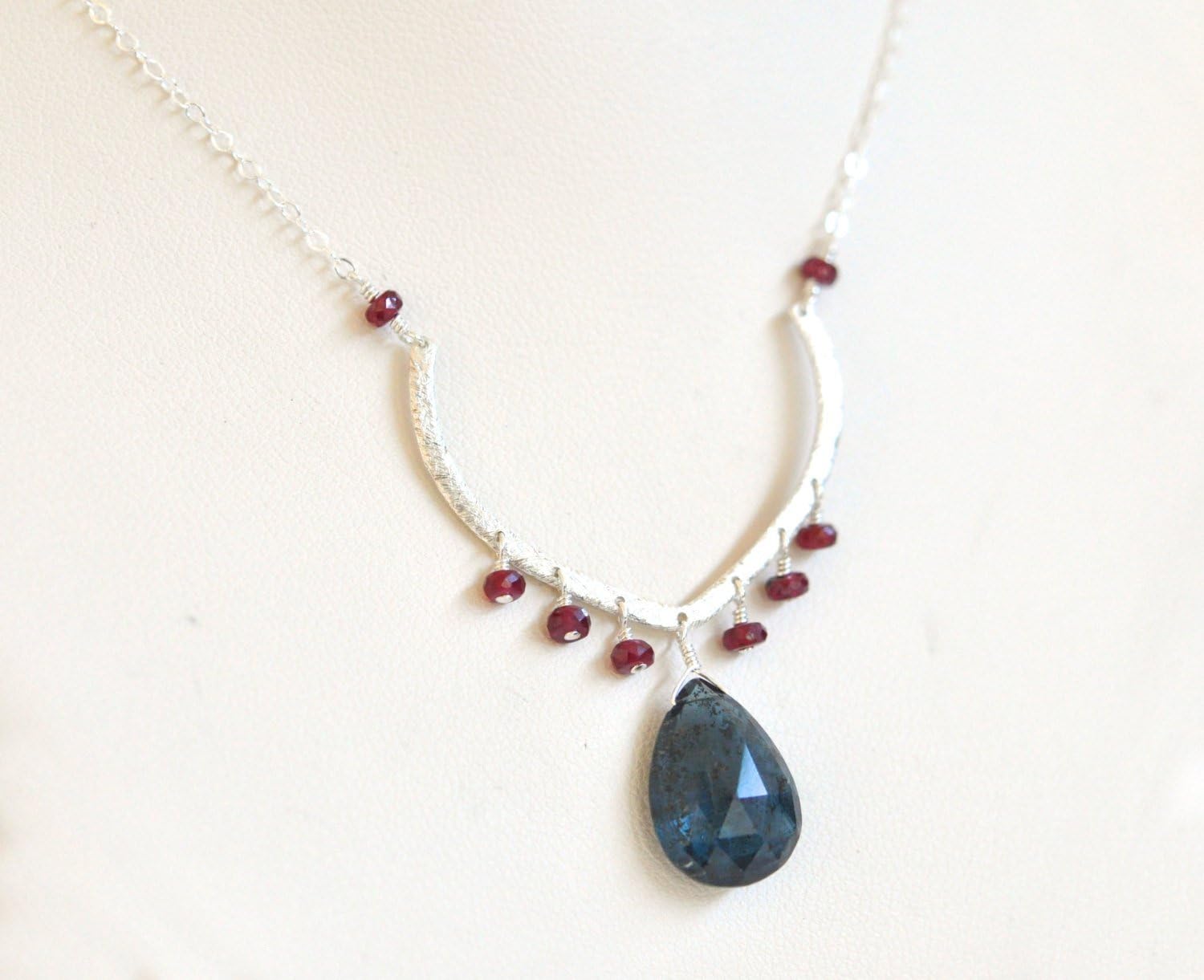 Blue Kyanite Teardrop Pendant & Ruby Beads - Sterling Silver Necklace - Sweetheart Neckline - Blue Gemstone Necklace