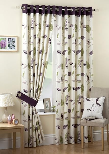 Elkwood Leaves Aubergine Cream Lined Eyelet Curtain Pair 66 X