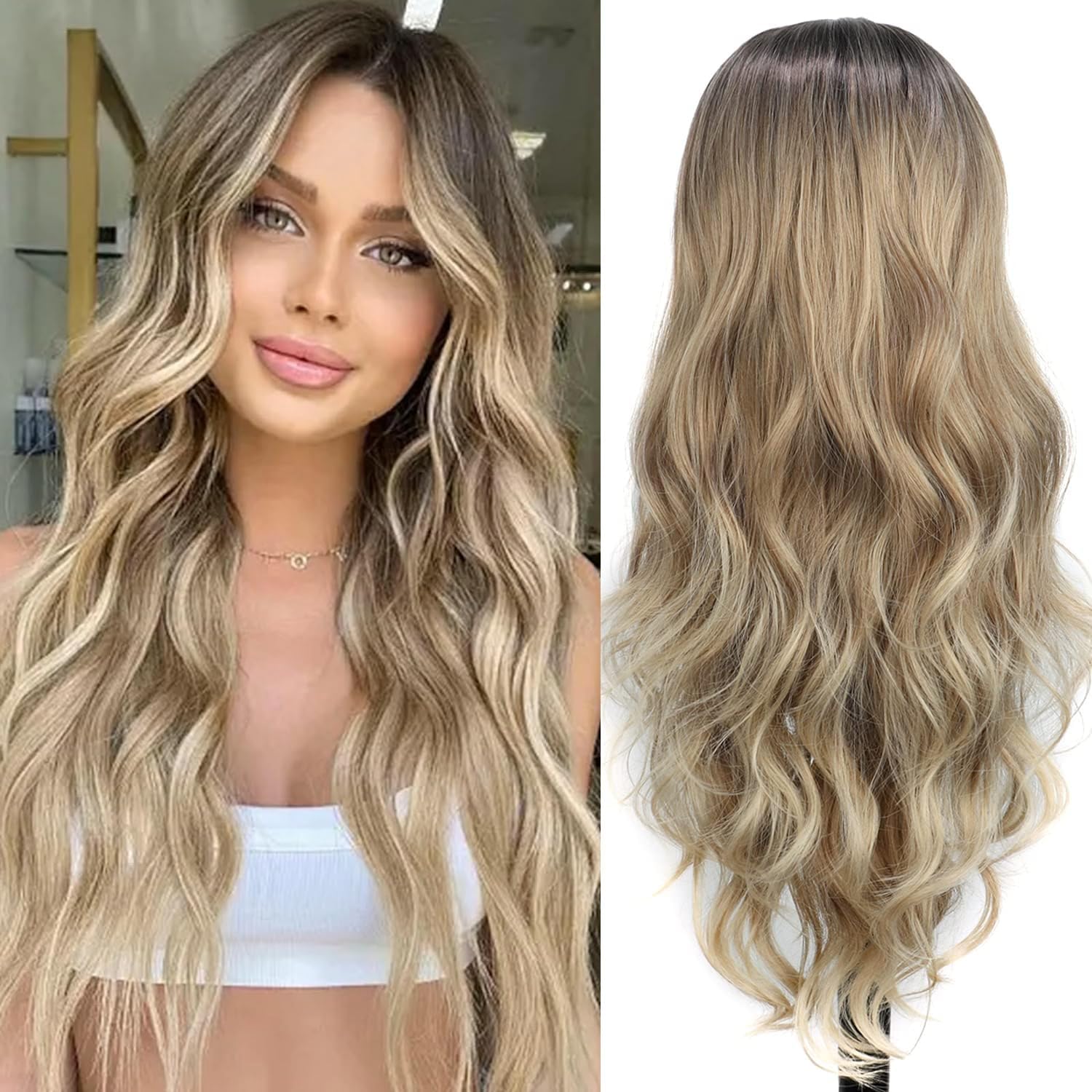 PORSMEER Ombre Brown Blonde Wigs for Women with Dark Roots Long Curly Wavy Natural Synthetic Hair Wig for Cosplay or Everyday Use โ image 1