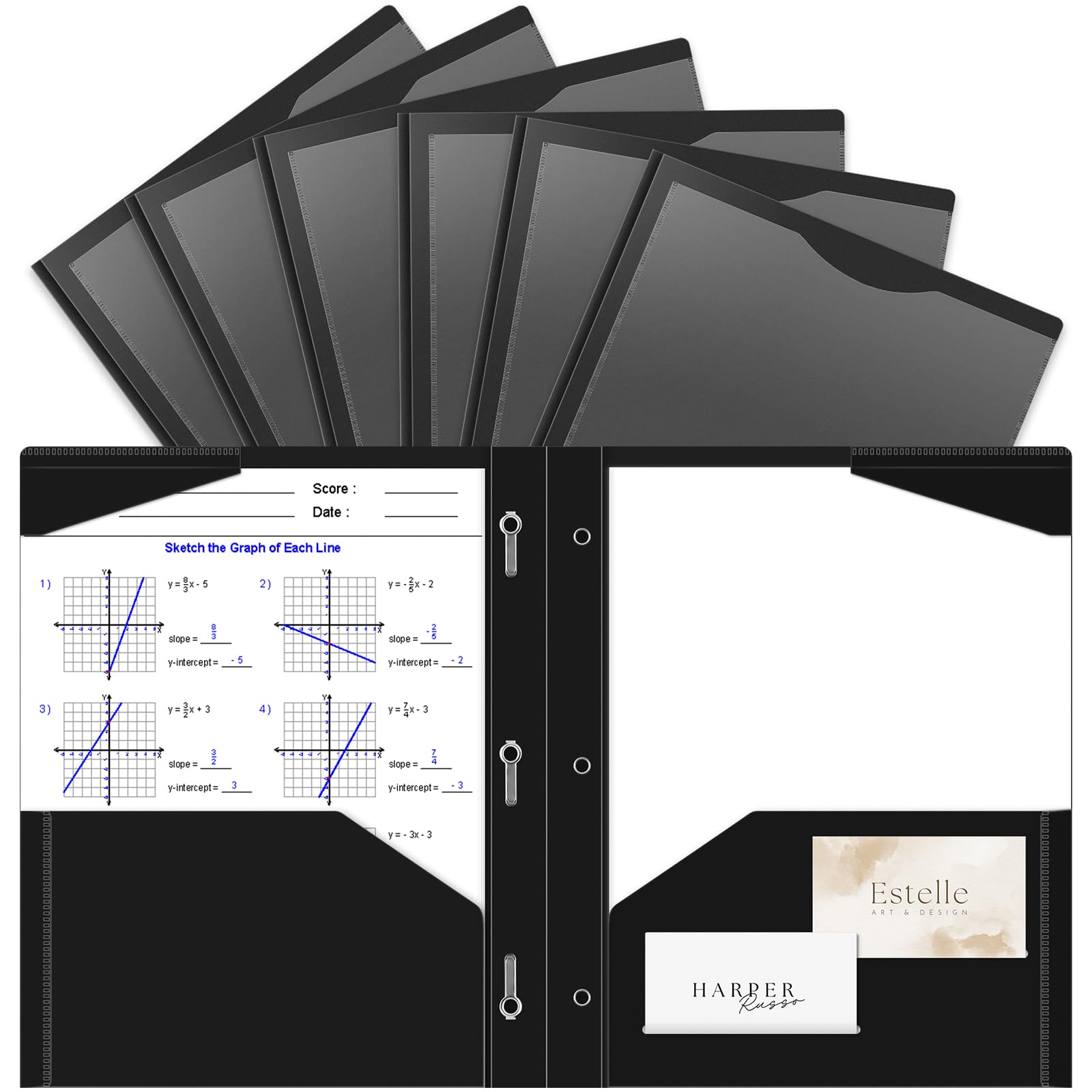 Briartw Heavy Duty Plastic Pocket Folder with Prongs for Letter Size Paper,6 Pack Black File Folder with Clear Front Pocket,2 Pockets and 3 Prongs,As Well As 2 Card Slots,Pocket Folders
