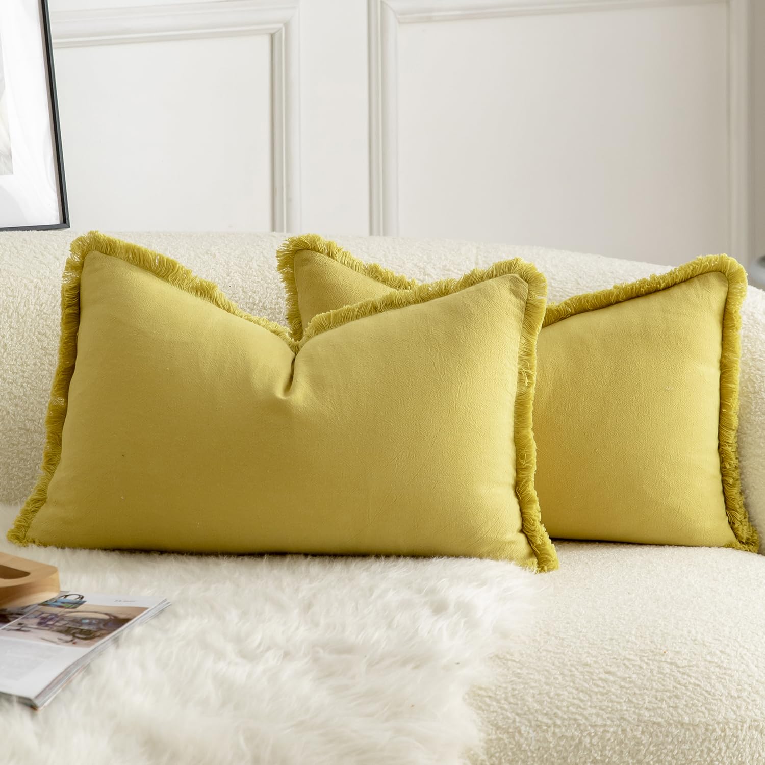 Mandioo Set of 2 Neutral Cotton Fringe Cushion Covers 30x50 cm 12x20 inch Decorative Boho Farmhouse Throw Pillowcase Cozy Tassels for Couch Sofa Bedroom Living Room Home Decor Mustard yellow