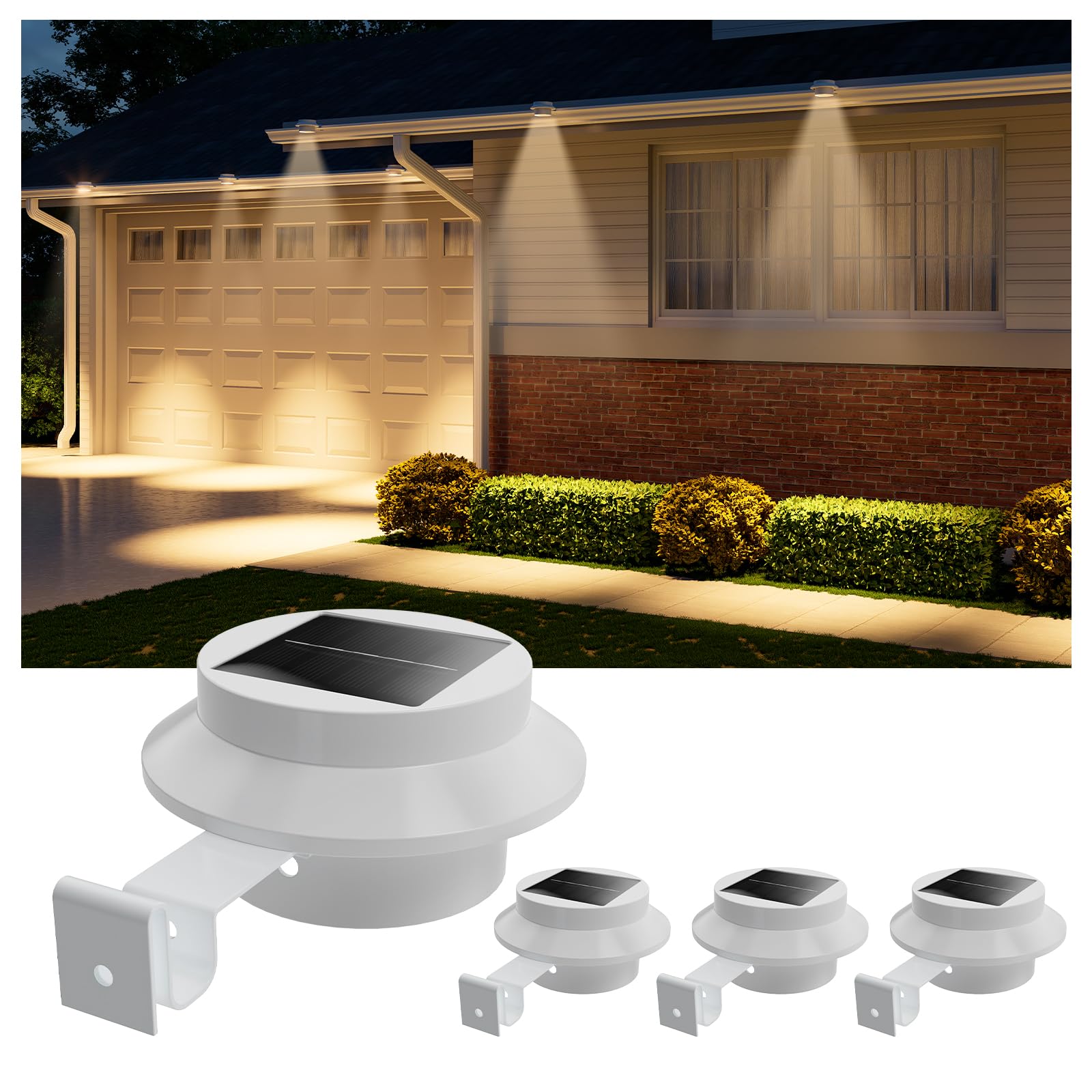 Photo 1 of 4 Pack White Bright Solar Powered Gutter Mounted Lights Outdoor Waterproof Led Fence Lamp for Lighting Rainspout, Railing, Outside House, Wall, Deck, Porch, Garage, Holeless Installation(Warm White)