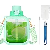 Adorila Square Water Bottle with Straw, Travel Transparent Canteen with Adjustable Strap, Leakproof Water Cup for Office School (Green, 700ml)