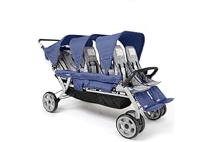 Gaggle by Foundations Jamboree 6 Seat Multi-Child Stroller with UV Blocking Canopies | Reclining Seats | 5-Point Safety Harness | Compact Fold for Daycares, Parks & Travel | Blue