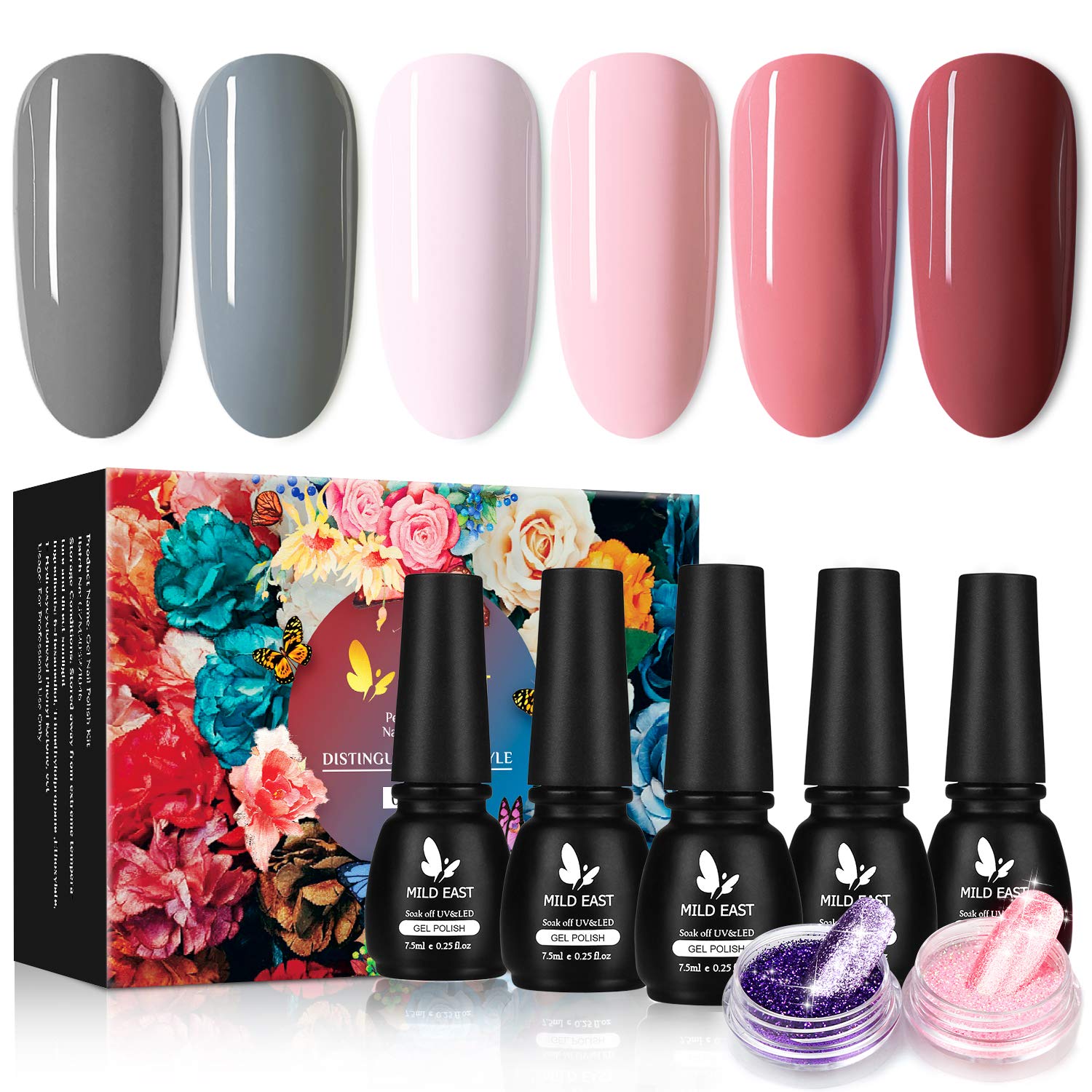 MILD EAST Gel Nail Polish Set - 6 Colors Classic Nude Grey Pink Soak Off UV/LED Gel Nail Kit with Gifts Box Manicure DIY Home Nail Art Salon Set