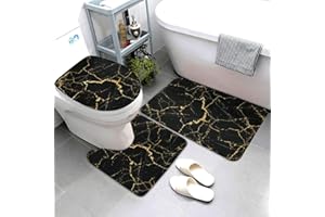 Jbofyee Black Marble 3 Piece Bathroom Rugs Set, Bath Mat + Contour Mat + Toilet Seat Cover, Non-Slip Soft Microfiber Bathmat for Tub Shower Room Decor, Machine Washable
