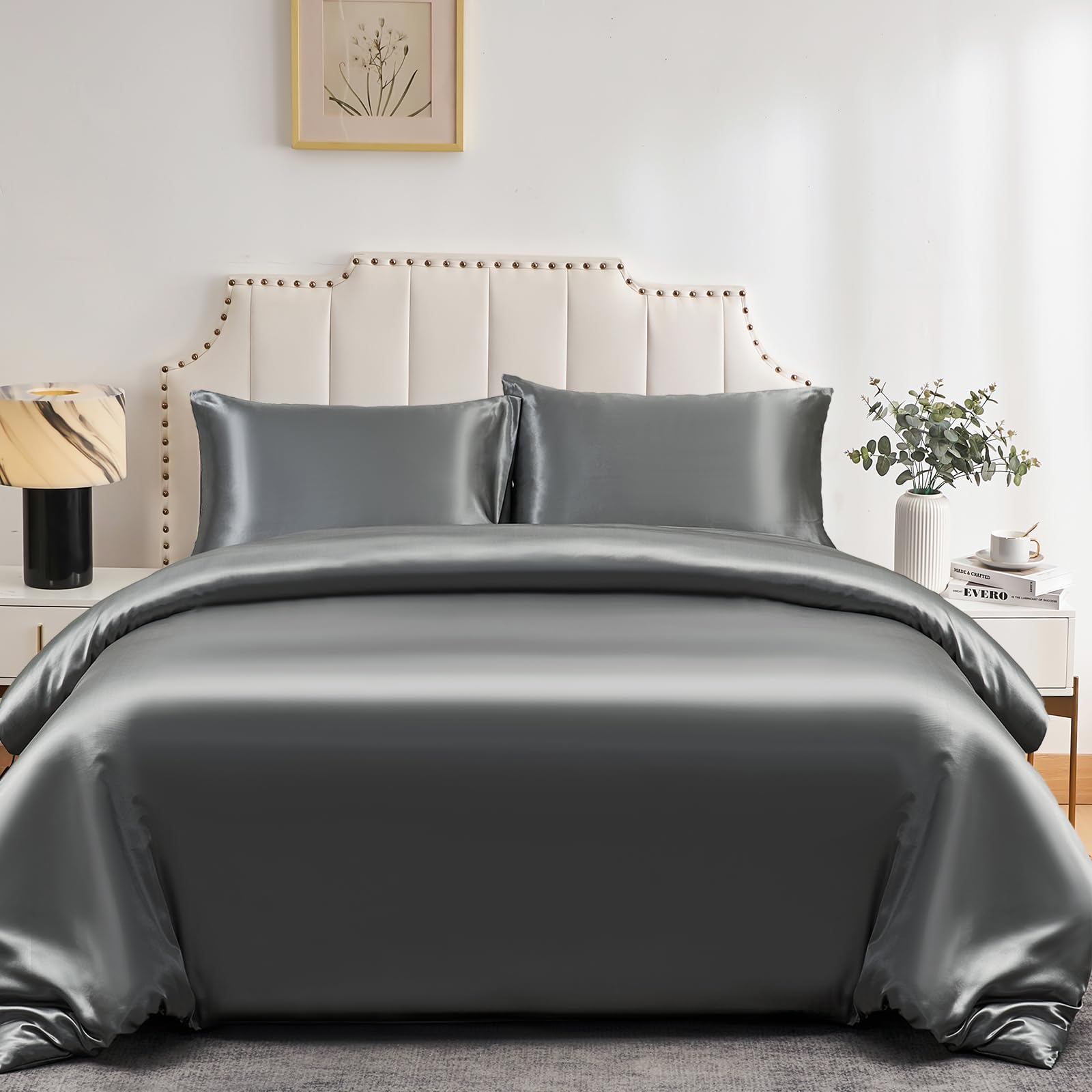DuShow Satin Duvet Cover Set Gray Double,Soft Silky Duvet Cover And 2 Pillowcase Set,Lightweight Cooling Comforter Cover Set(Gray,Double)