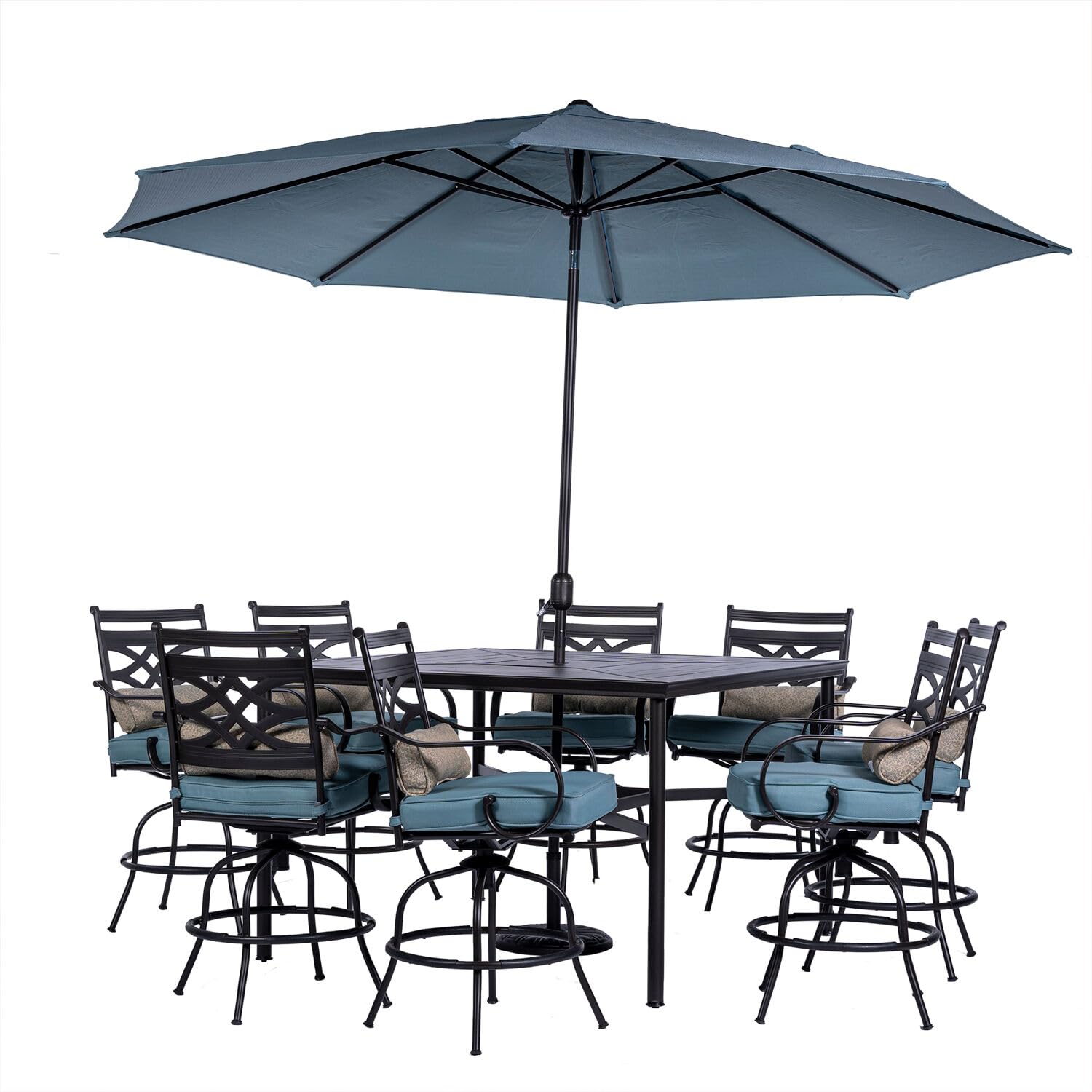 Hanover Montclair 9-Piece All-Weather Outdoor Patio High Dining Set, 8 Swivel Counter-Height Chairs with Comfortable Seat and Lumbar Cushions, 60″ Square Stamped Rectangle Table, Ocean Blue