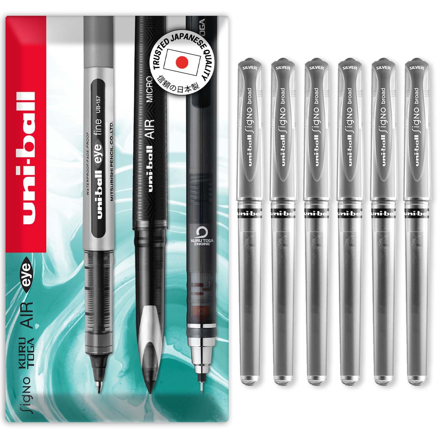 uni-ball Signo Pen - UM-153 Broad Metallic Gel Ink Rollerball - Metal 1.0mm Tip Nib - Rubber Grip - In Envelope Gift Packaging (Pack of 6, Silver)