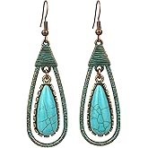 Turquoise Earrings, Vintage Bronze Natural Stone Dangle Earrings for Women, Teardrop Western Earrings Party Hippie Jewelry