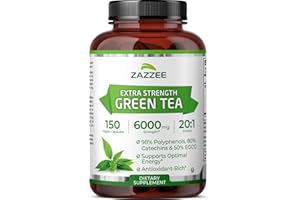 Zazzee Extra Strength Green Tea 20:1 Extract, 6000 mg Strength, 50% EGCG, 98% Polyphenols and 80% Catcehins, 150 Vegan Capsules, 5 Month Supply, Standardized and Concentrated 20X Potency, Non-GMO