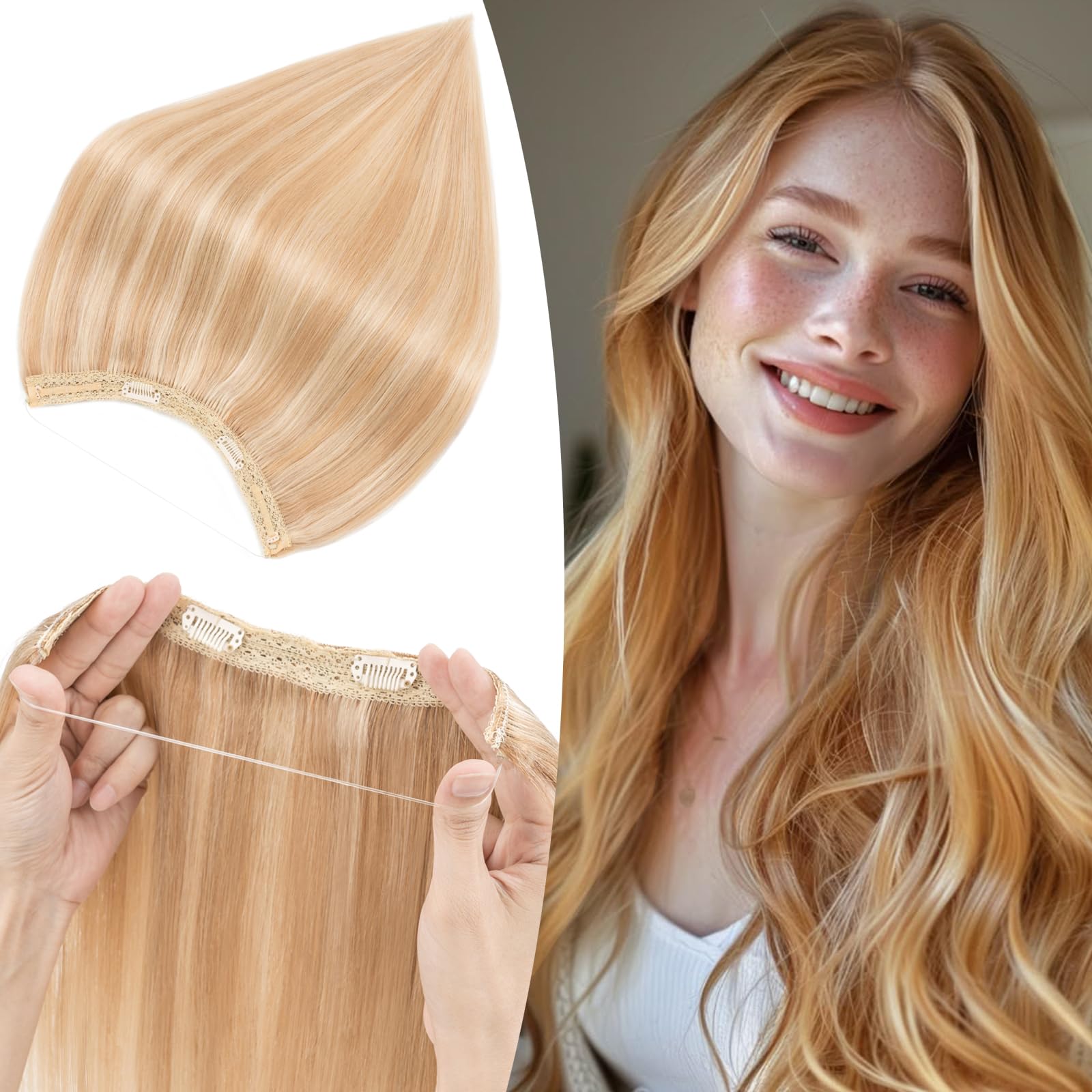 S-noilite Wire Hair Extensions Human Hair Ash Blonde/Bleach Blonde Invisible Fish Line Hair Extensions Real Hair One Piece Human Hair Extensions 16 Inch 65g