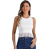 Allegra K Fringe Tank Top for Women's Casual Sleeveless Tassel Racerback Ribbed Knit Crop Tops