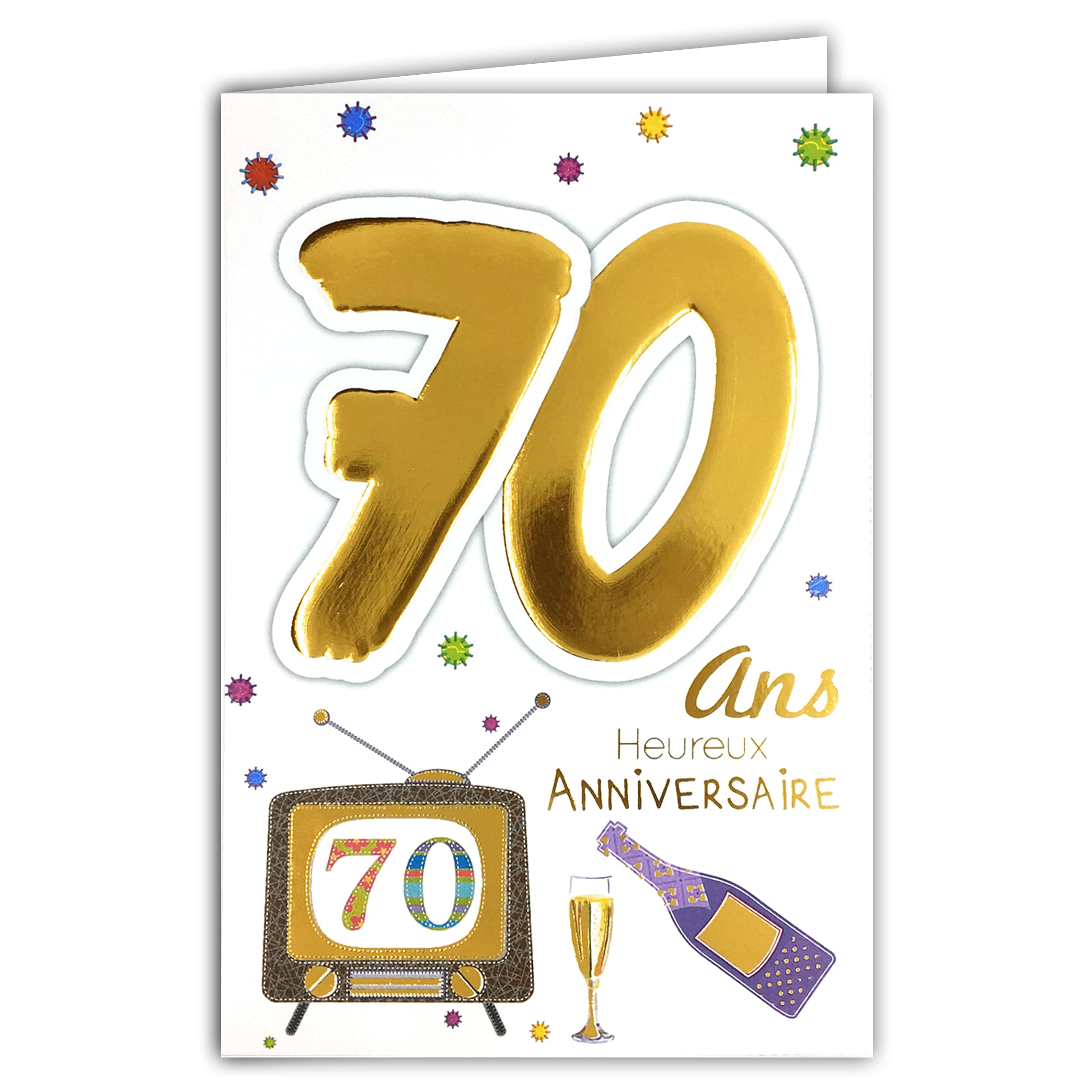 MV 69-2040 Age 70 Birthday Card Man's Flute Champagne Bottle Design TV Television