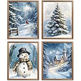 Wheatwin Winter Wonderland Vintage Christmas Wall Art Prints Set of 4, Blue Christmas Tree Snowman Wall Decor, Winter Xmas Decor for Home Bedroom Living Room, 8x10 (Unframed)