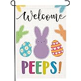 LosFong Welcome Easter Garden Flag 12x18 Inch Double Sided Burlap Bunny Peeps Small Garden Flags, Lawn Yard Flag for Outdoor Decoration