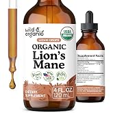 USDA Organic Lions Mane Liquid Drops - Brain &amp; Focus Support - 4 fl oz | Work &amp; Study Support - Lion's Mane Mushroom Supplement - Hericium Erinaceus Mushroom Drops - Alcohol-Free Extract Tincture