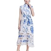 Women Lace Hollow Out Dress Party Midi Casual Sleeveless Button High Neck Dresses with Belt