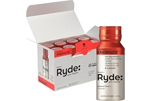 Ryde: Energize Shot | Tropical Flavor | Green Tea Caffeine, Taurine, Ginseng Extract & B Vitamins | 0 Calories, 0 Sugar | 2 FL OZ Shots | Boosts energy* (8 Pack)