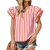 Tankaneo Womens Ruffle Short Sleeve Blouse V Neck Striped Pleated Trim Shirts Summer Casual Loose Fit Tops