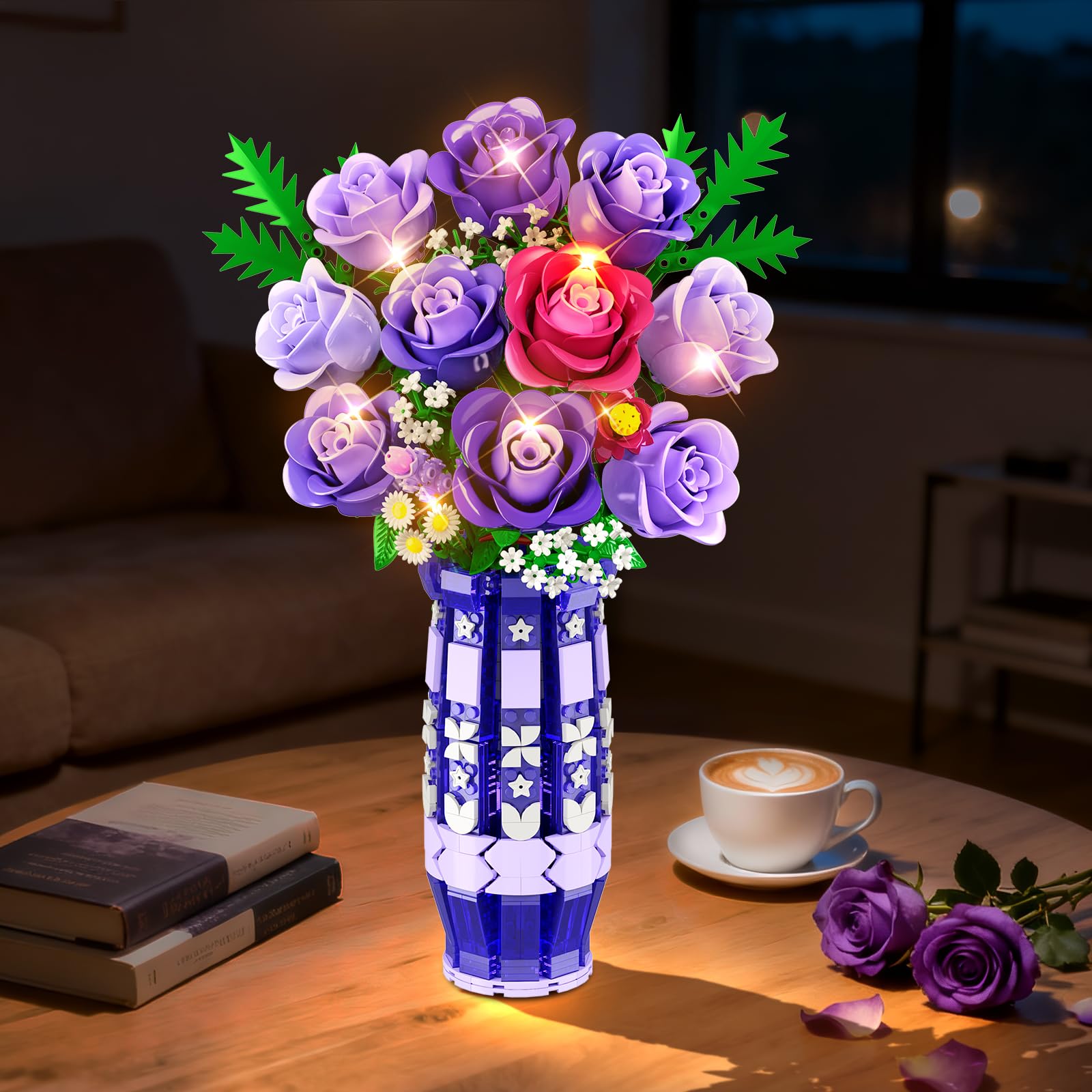 CUBIMANA Lila Rosen Blumen-Bauset mit Vase und LED-Licht, 17 Mini-Blumenstrauß-Bausteine, künstliche Blumen für Zuhause und Büro, Geschenk für Erwachsene, Frauen und Mädchen ab 12 Jahren 5