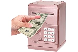 Renvdsa Cartoon Electronic ATM Password Piggy Bank Cash Coin Can Auto Scroll Paper Money Saving Box Gift for Kids (Rose Gold)