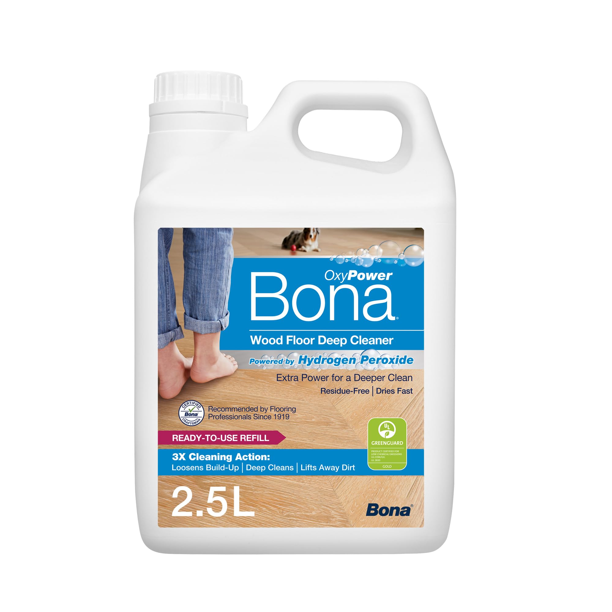 Bona OxyPower Wood Floor Cleaner Liquid, Wooden Floor Cleaner, for Varnished or Hard Waxed Wood Floors, 2.5 Litre Refill