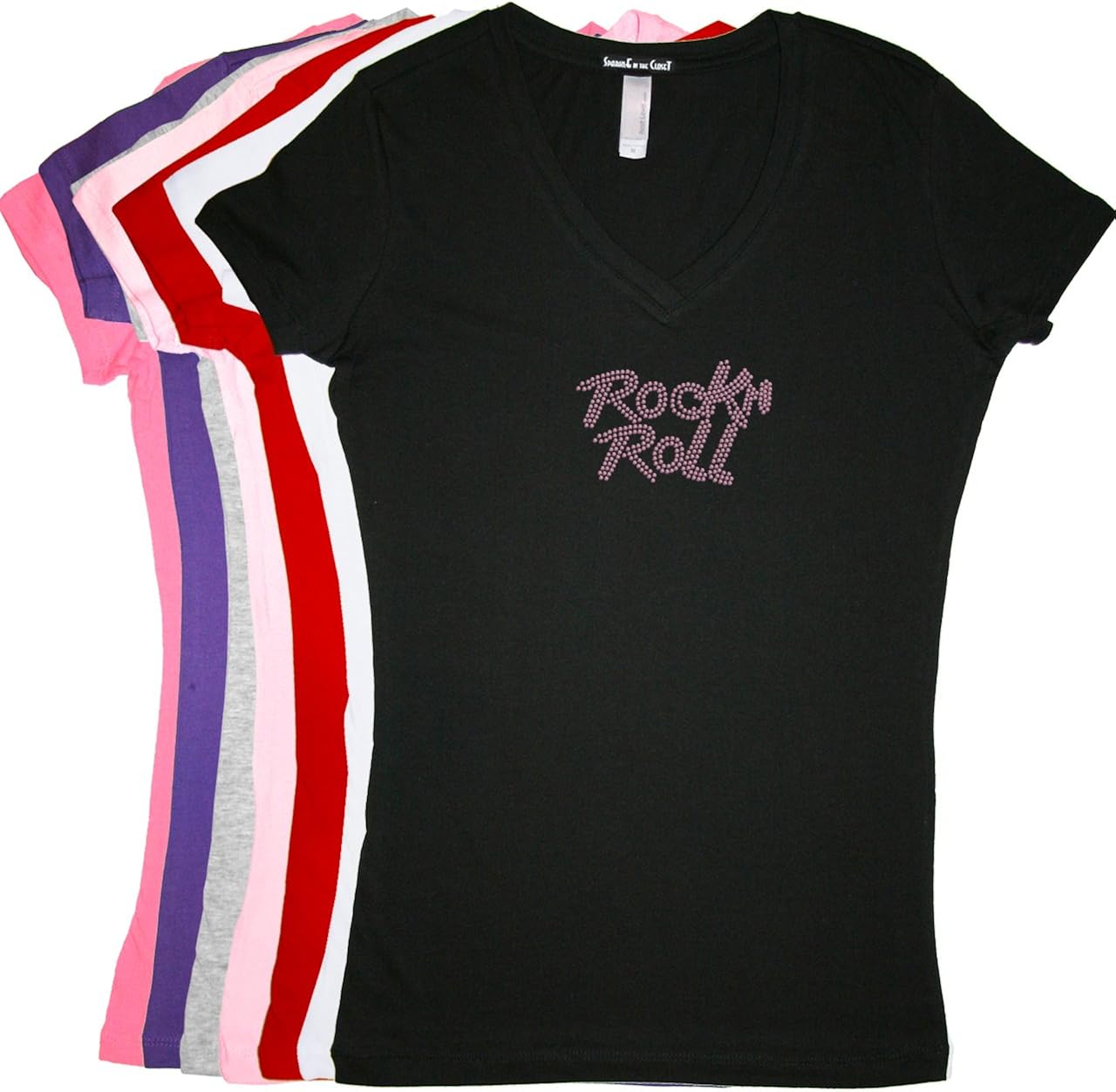 Rock n Roll (Pink Rhinestuds) Rhinestone VNeck TShirt Tight