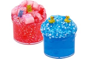 HAIXFORU 2 Packs Jelly Cube Crunchy Slime Kit for Girls with Duck and Bear(Pink and Blue),Non Sticky and Super Soft Sludge Toy,DIY Crystal Glue Boba Slime Party Favor for Boys,Birthday Gifts for Kids.