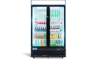 ICECASA 48" W Merchandiser Commercial Display Refrigerator Double Glass Door Reach-in 36 Cu.ft Stainless Steel Display Refrigerator Fan Cooling for Restuarant, Bar, Shop, etc