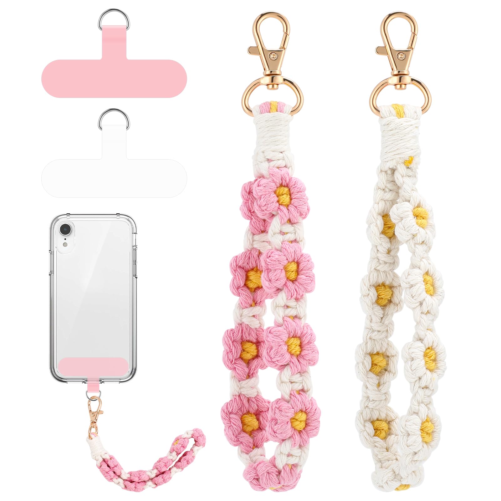 Jspupifip 2 PCS Boho Macrame Phone Wrist Strap,Cute Cell Phone Lanyard with Tether Tab Floral Smartphone Wristlet Bracelet Keychain Anti Theft Strap for Women (White and Pink)