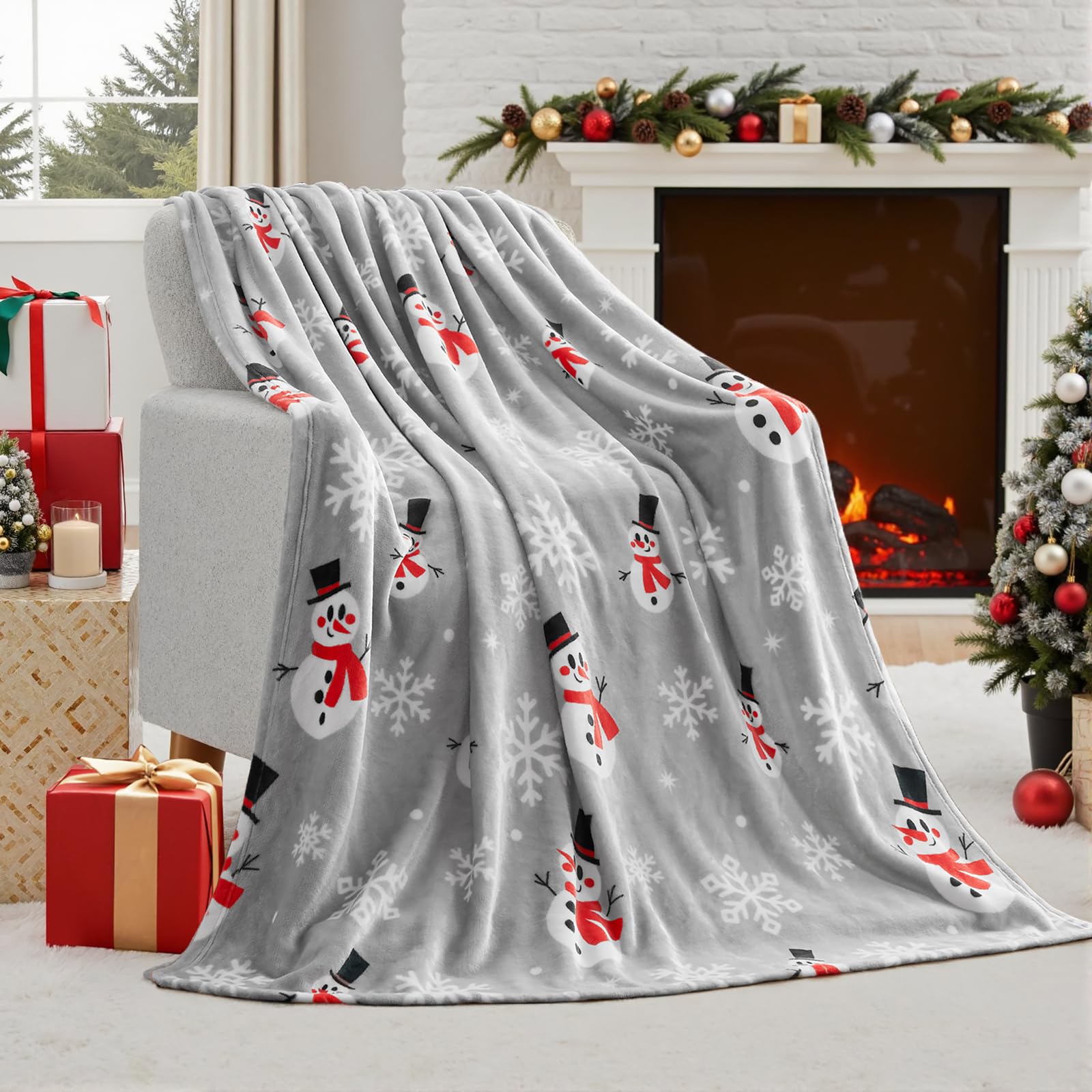 Joiedomi 130x150cm Gray Snowman Christmas Throw Blanket, Soft Flannel Blanket, Warm Plush Christmas Decoration, Winter Cozy Holiday Cabin Throw for Sofa Couch (Gray) — image 1