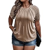 Eytino Plus Size Tops for Women Summer Lace Short Sleeve Crewneck Loose Casual Blouse Tunic T Shirts(1X-5X)