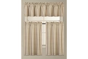 FANCY LINEN Fancy Collection 3 Piece Faux Silk Blackout Kitchen Curtain Set - Tier Curtains and Valance - Solid Taupe - Thermal Backing