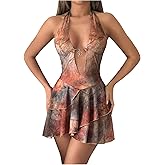 SHENHE Women's Boho Floral Halter Mini Dress Tie Dye Ruched Layered Ruffle Bodycon Rave Dresses