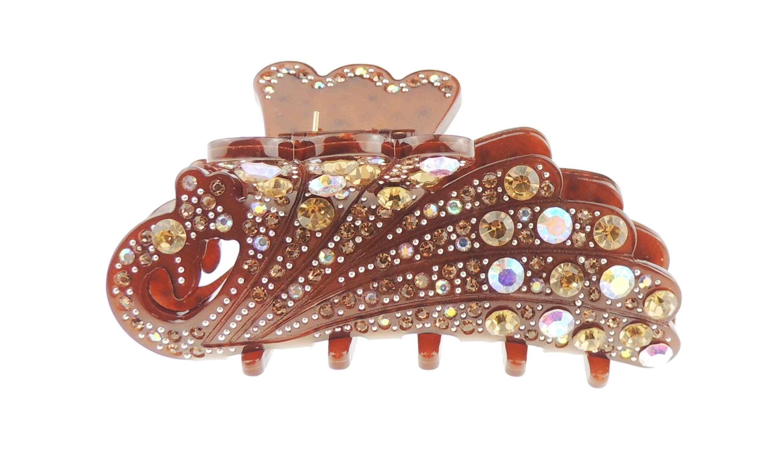 Sparkly Women Crystal Diamante Rhinestone Gems Wave Jaw Clip Octopus Clamp Grip Bridal Wedding Party Fine Thin Medium Short Styling Hair Butterfly Claw Peacock Wings Waves Peacock (Chocolate)