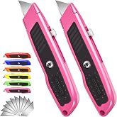 JETMORE Box Cutter, 2 Pack Pink Utility Knife, Razor Knife, Box Opener | Box cutter retractable for cardboard, packages, office, garage, crafts, 10 SK5 extra box cutter blades for quick replacement