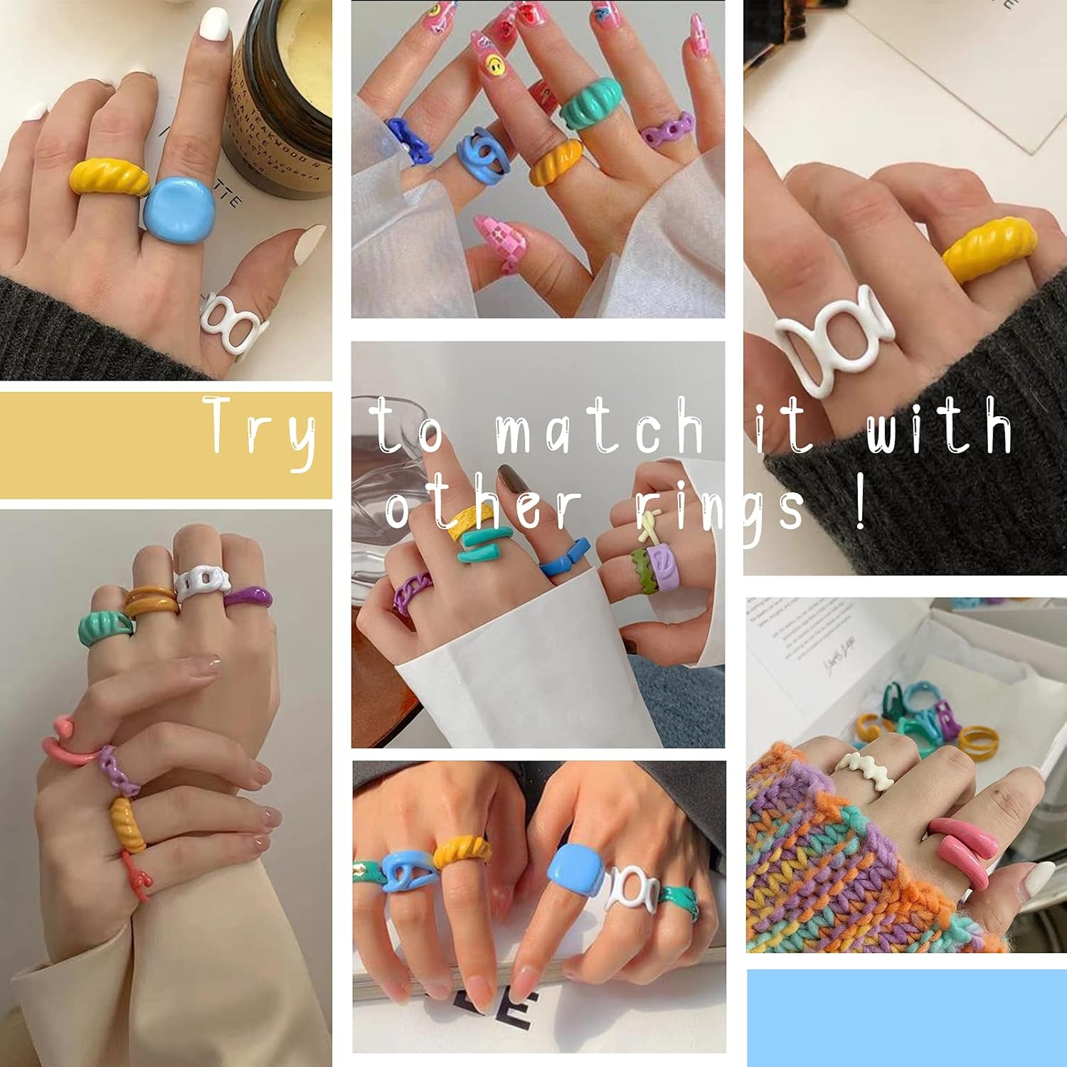 Chunky Colorful Rings, 12 Pcs Trendy Resin Open Stackable Finger Knuckle Rings for Women/Men (Color 1): Clothing