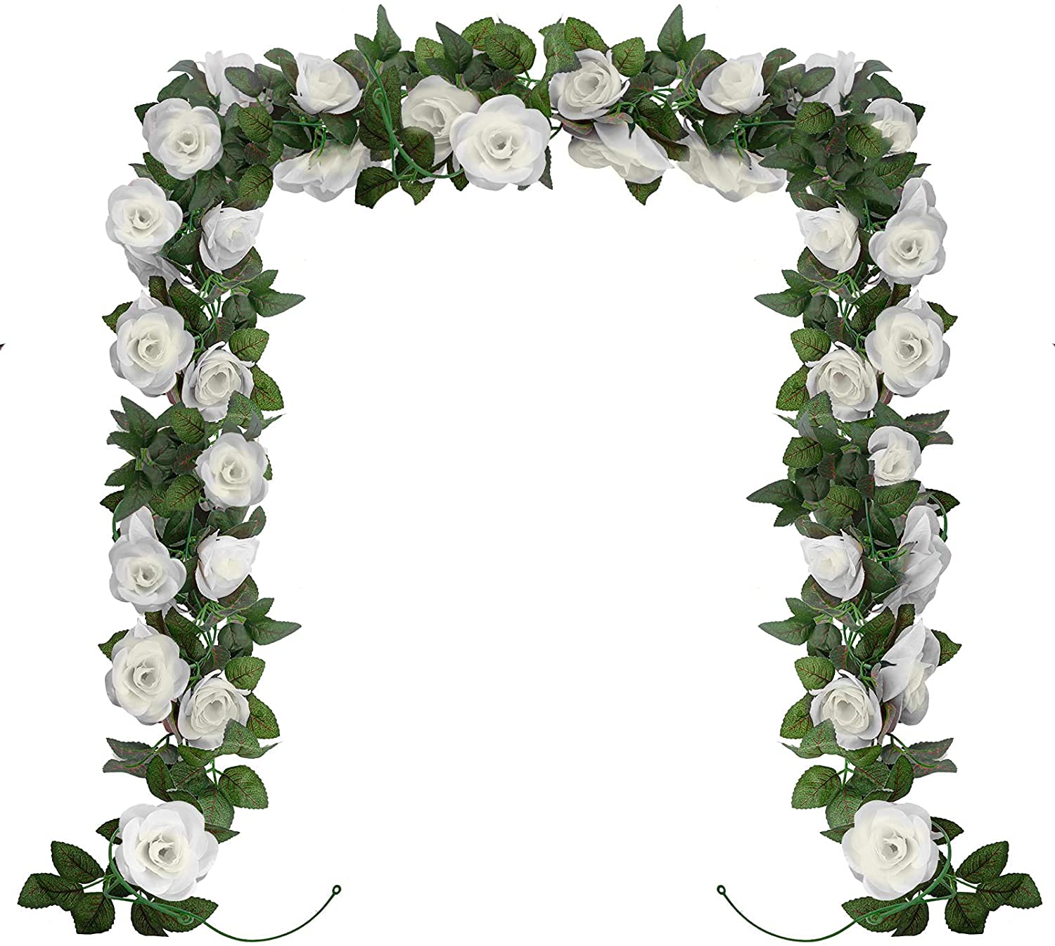 Huryfox Artificial Flowers Garlands - 2 Strand 216cm Long Artificial Flower Vines for Decorations, 16 Flowers per Strand, Faux White Rose Floral Arch for Home, Garden, Weddings, Parties