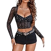 Avidlove Women Mesh Tops Long Sleeve Sparkle Crop Top Square Neck Y2K Date Night Outfits S-XXL