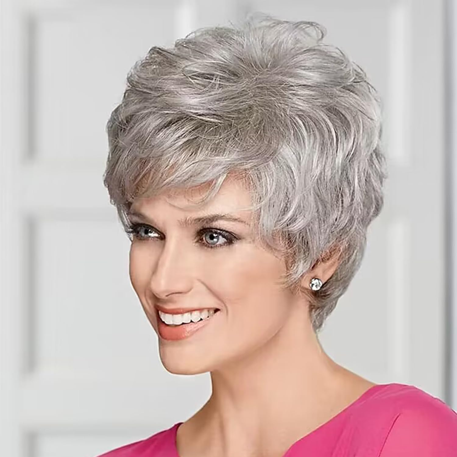 Qnbiar Short Pixie Cut Gray Wigs with Bangs - Natural Curly Synthetic Hair Wigs for White Women — image 1