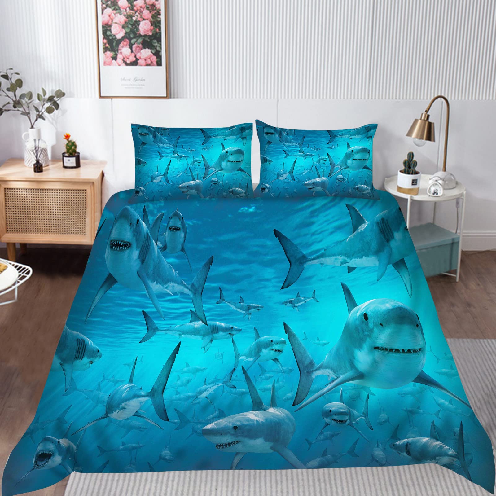 YUANZU Shark Bedding Set Double for Kids Boys Teens Duvet Cover Set 3 Pieces Ocean White Shark Underwater World Printed Soft Microfiber Quilt Cover with Zipper Closure (200 x 200 cm & 2Pillowcase) โ image 1